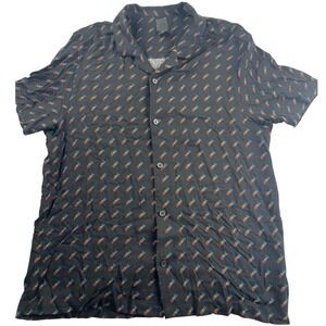 HM Mens Proud Rainbow Script Button Down Shirt Black Viscose Camp Collar Medium